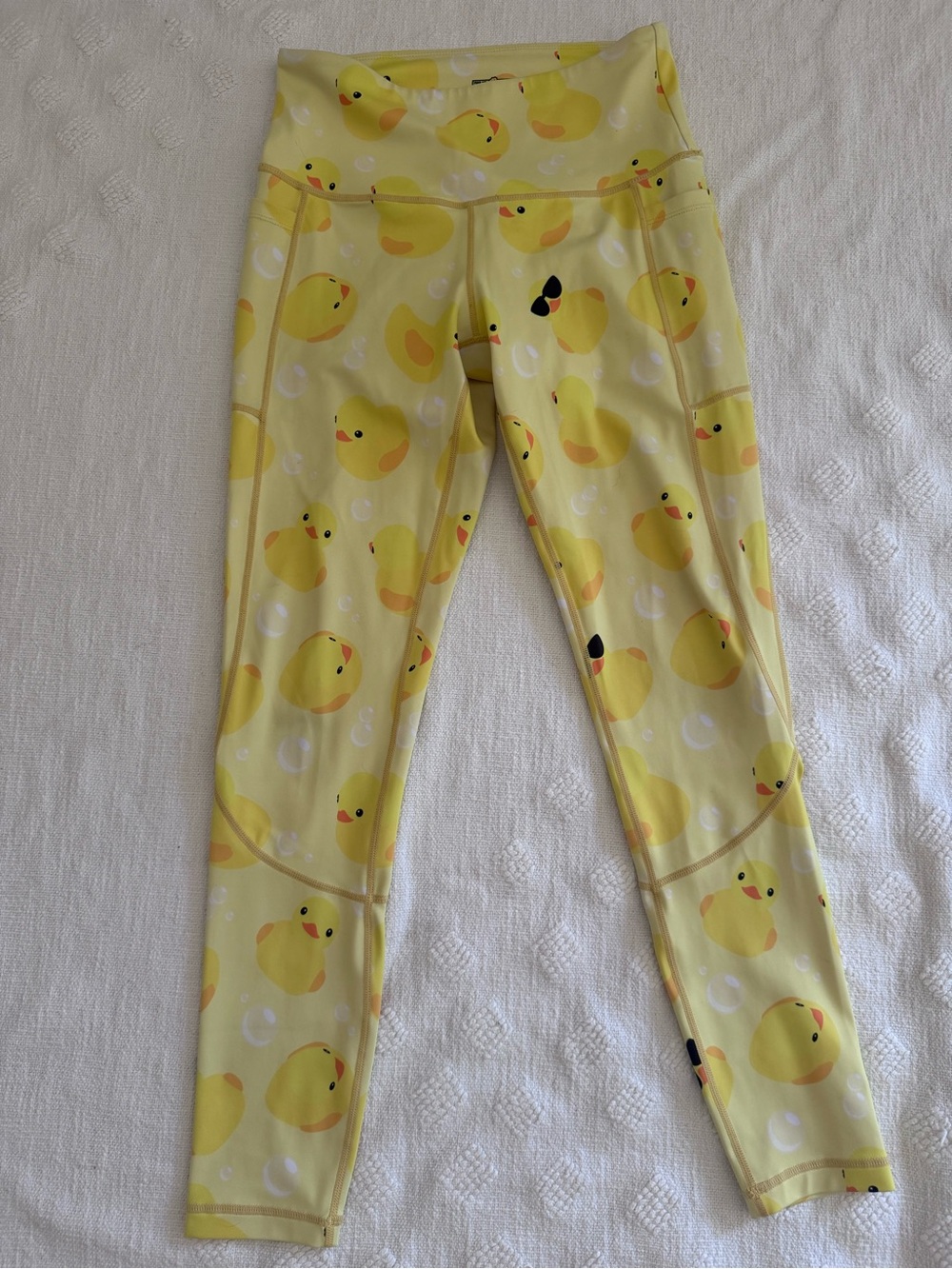 Feed me fight yellow duck work out leggings pockets SZ M